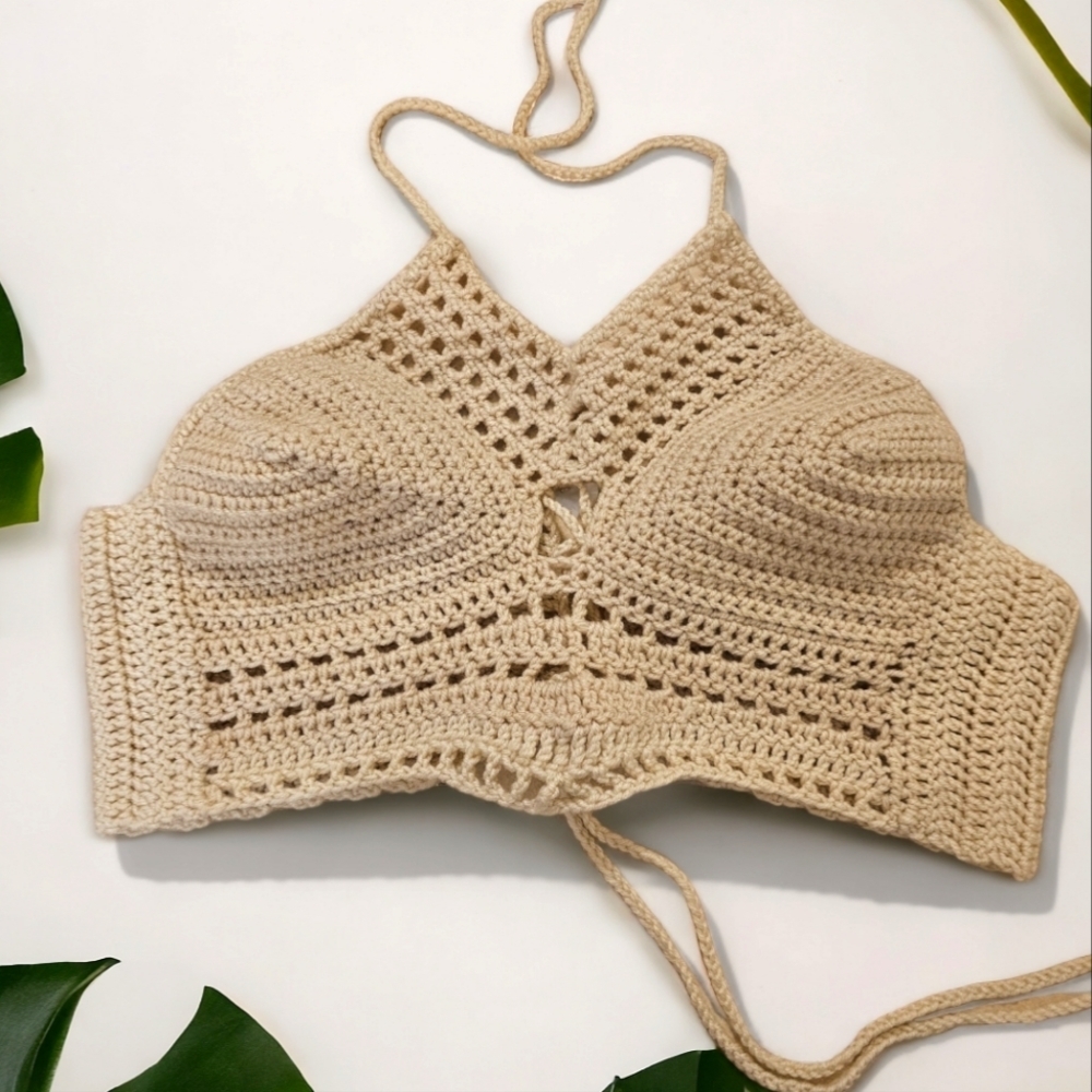 Handmade Crocheted Cream Bikini Boho Halter Crop Top LG/XL